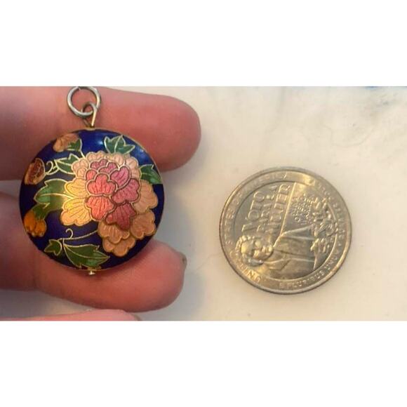 Vintage Cloisonné Floral Round Double Sided Pendant Enamel Blue Gold - Picture 4 of 4